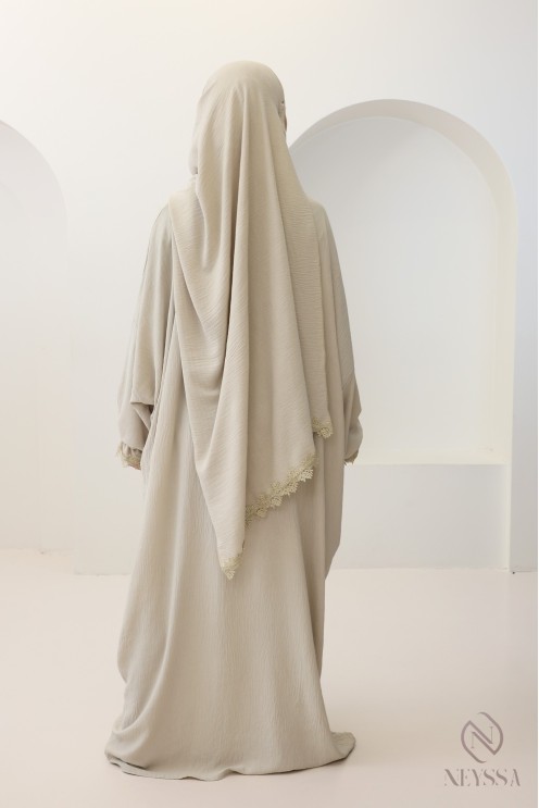 Butterfly cut prayer dress with integrated hijab and gold embroidery