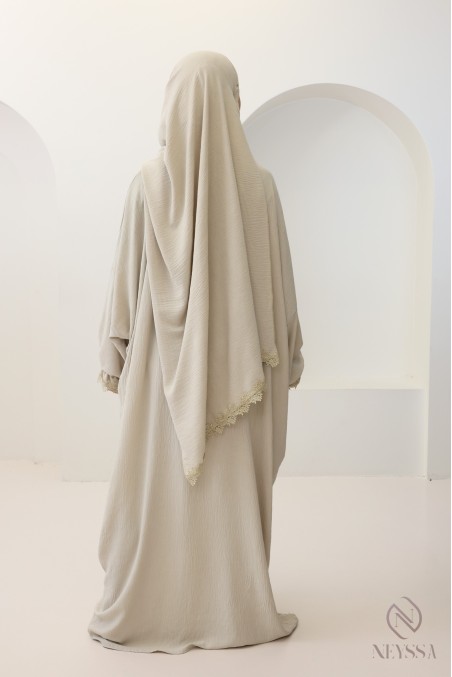 Butterfly cut prayer dress with integrated hijab and gold embroidery