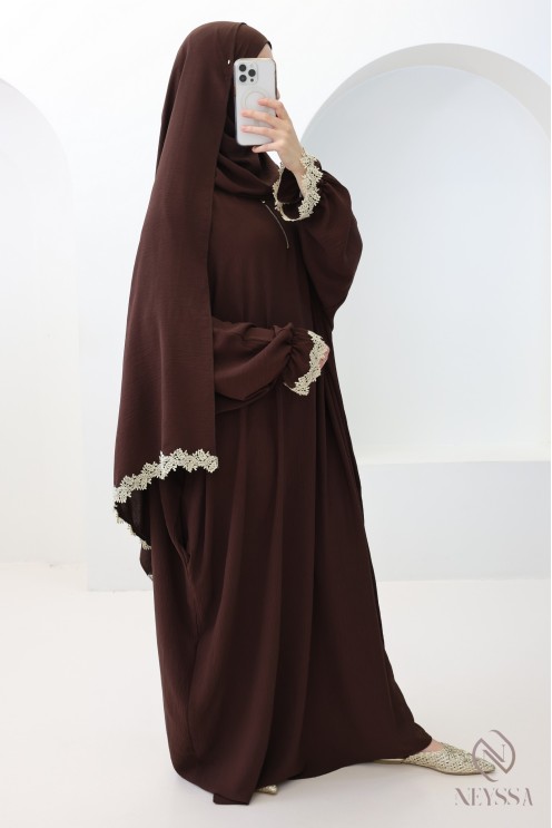 Butterfly cut prayer dress with integrated hijab and gold embroidery