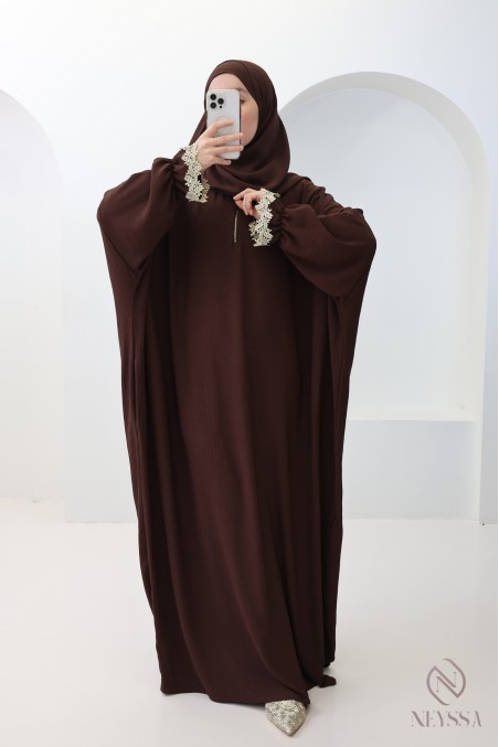 Butterfly cut prayer dress with integrated hijab and gold embroidery