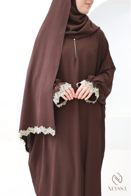 Butterfly cut prayer dress with integrated hijab and gold embroidery