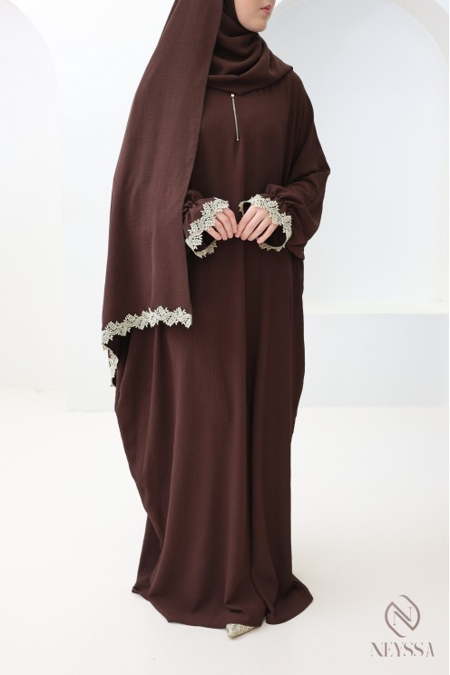 Butterfly cut prayer dress with integrated hijab and gold embroidery