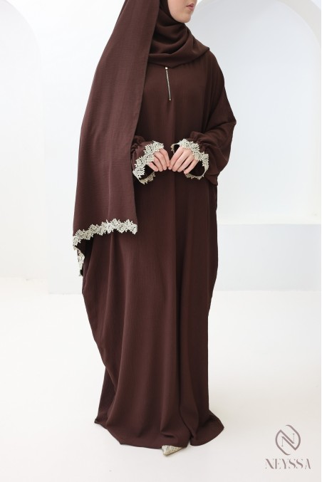 Butterfly cut prayer dress with integrated hijab and gold embroidery