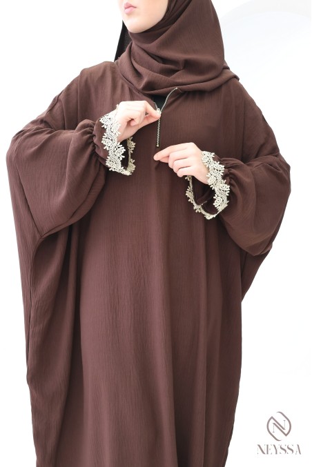 Butterfly cut prayer dress with integrated hijab and gold embroidery