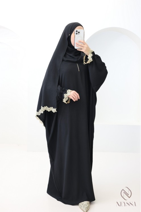 Butterfly cut prayer dress with integrated hijab and gold embroidery