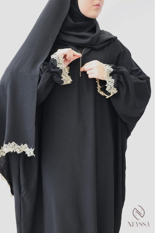 Butterfly cut prayer dress with integrated hijab and gold embroidery