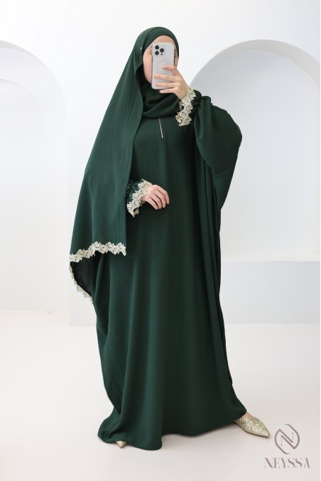 Butterfly cut prayer dress with integrated hijab and gold embroidery