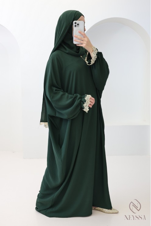 Butterfly cut prayer dress with integrated hijab and gold embroidery
