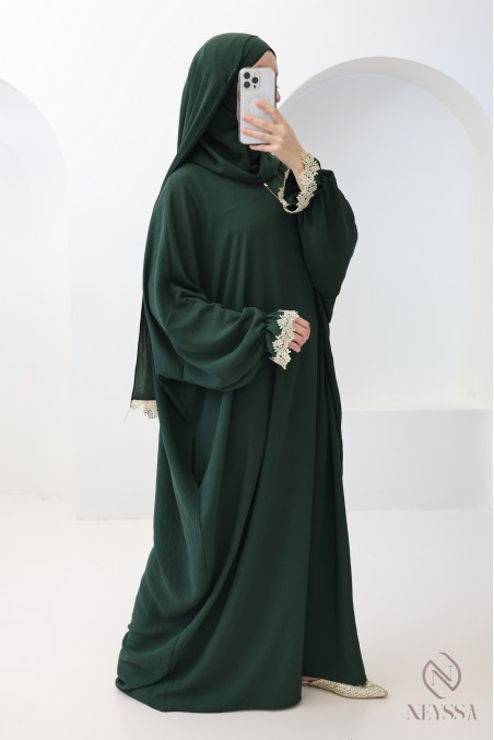 Robe de prière coupe papillon hijab intégré, avec broderie dorée