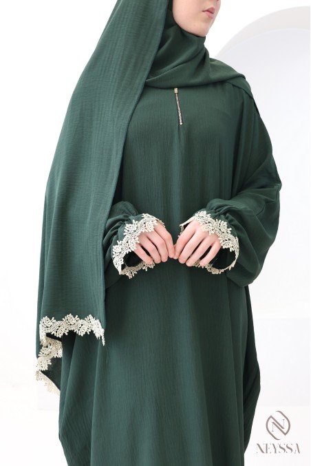 Butterfly cut prayer dress with integrated hijab and gold embroidery