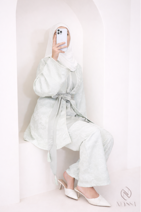 Women's 4-piece sea green brocade set, kimono and palazzo trousers