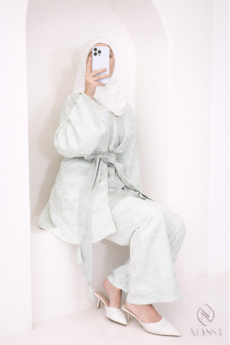 Women's 4-piece sea green brocade set, kimono and palazzo trousers