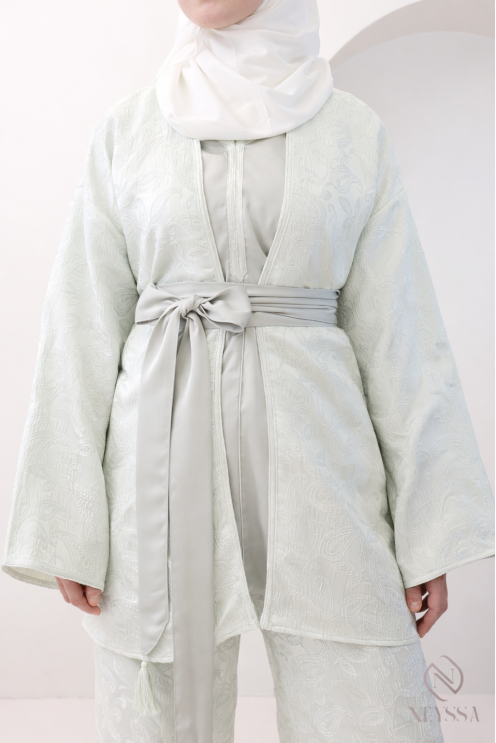 Women's 4-piece sea green brocade set, kimono and palazzo trousers