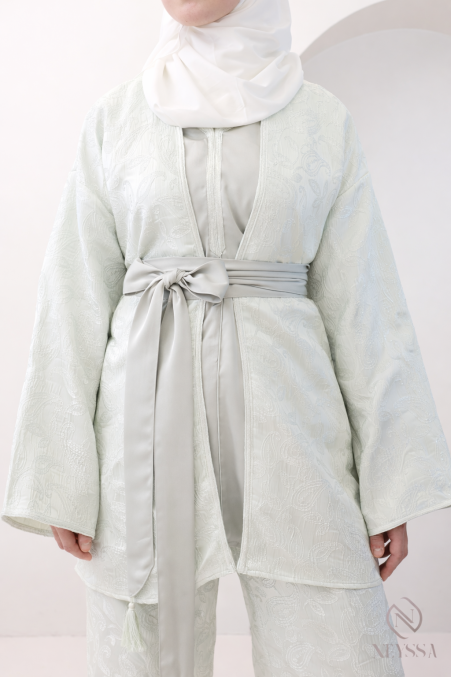 Women's 4-piece sea green brocade set, kimono and palazzo trousers