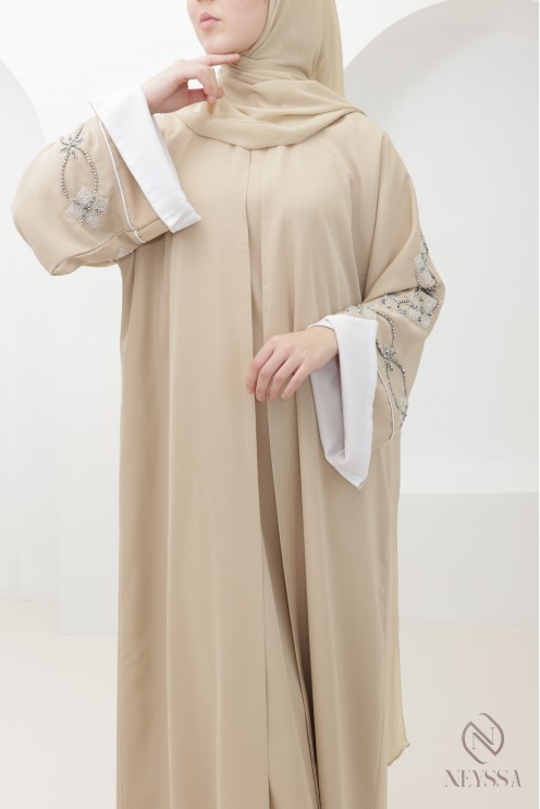 Beige Dubai kimono abaya with trendy silver beading for Eid