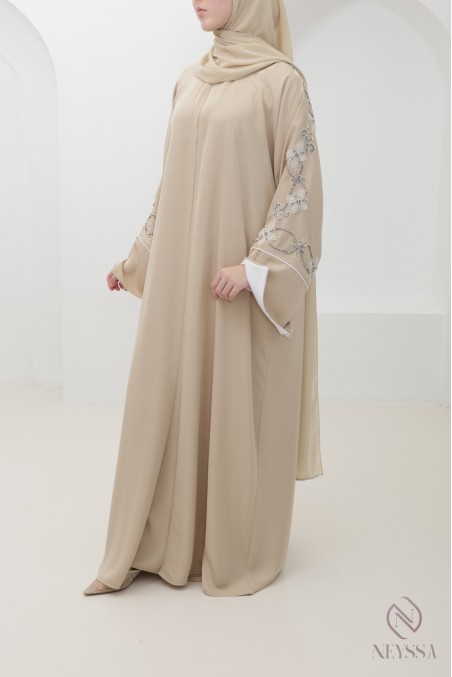 Beige Dubai kimono abaya with trendy silver beading for Eid
