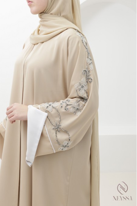 Beige Dubai kimono abaya with trendy silver beading for Eid