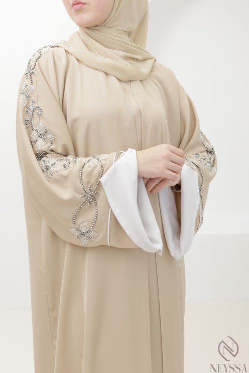 Beige Dubai kimono abaya with trendy silver beading for Eid