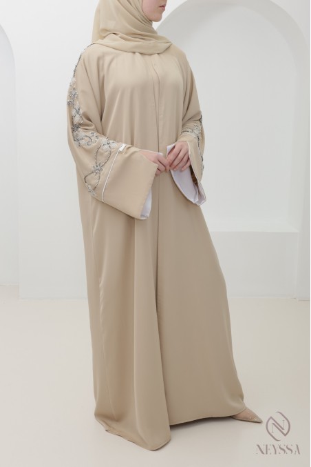 Beige Dubai kimono abaya with trendy silver beading for Eid