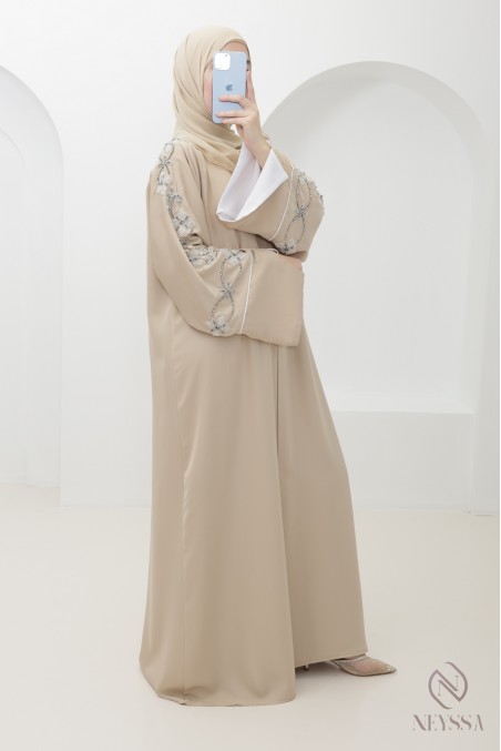 Beige Dubai kimono abaya with trendy silver beading for Eid