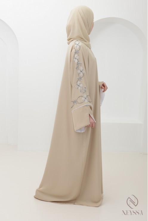 Beige Dubai kimono abaya with trendy silver beading for Eid
