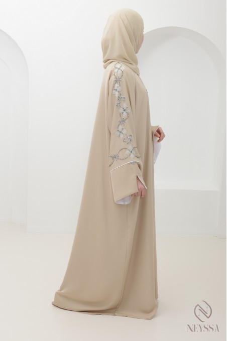 Beige Dubai kimono abaya with trendy silver beading for Eid