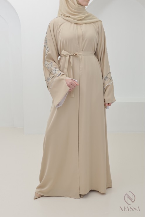 Beige Dubai kimono abaya with trendy silver beading for Eid