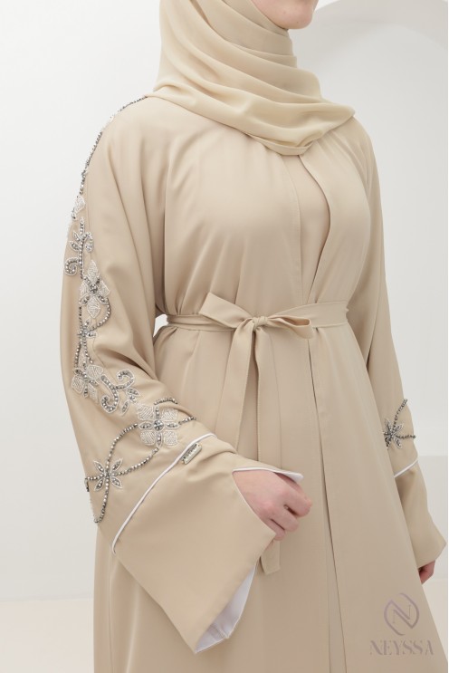 Beige Dubai kimono abaya with trendy silver beading for Eid