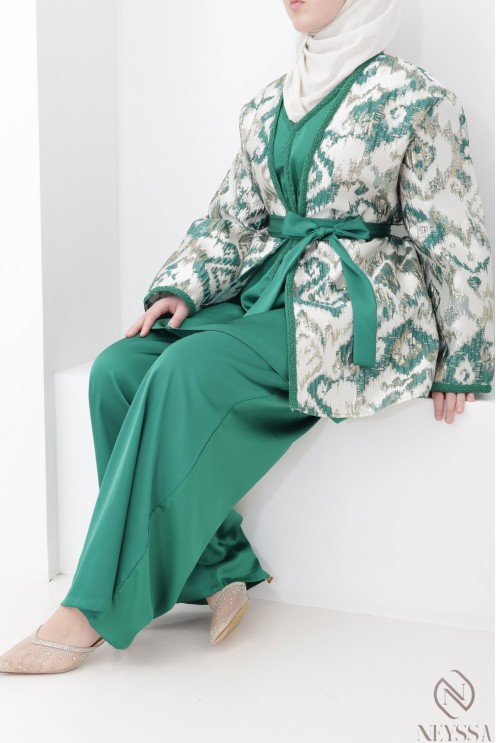 Grünes Brokat-Kimono-Set mit Palazzo-Hose für moderne Hijabi-Frauen