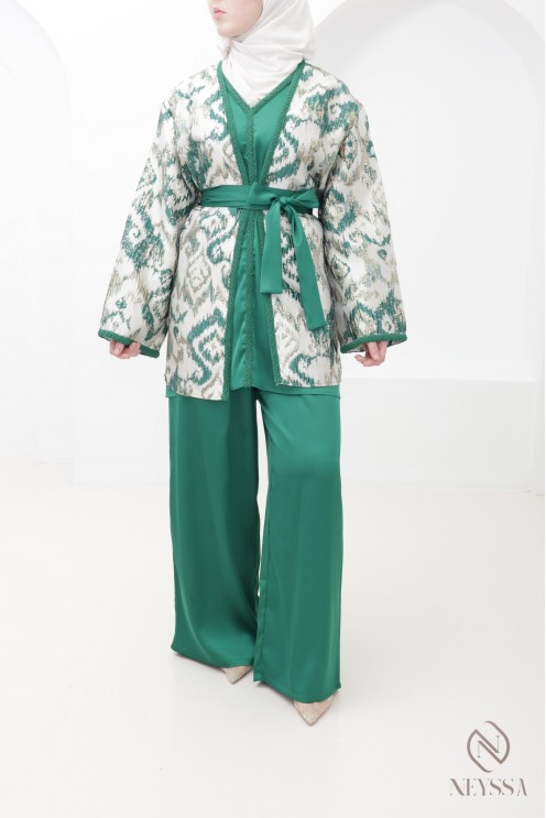 Ensemble kimono brocart vert avec palazzo femme hijabi moderne