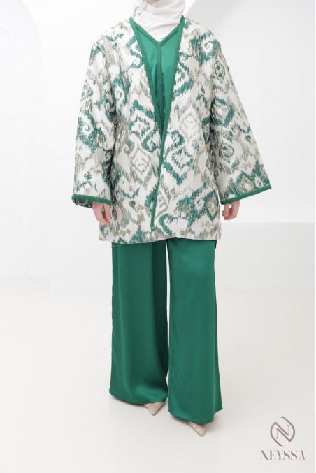 Green brocade kimono set with palazzo pants for modern hijabi women
