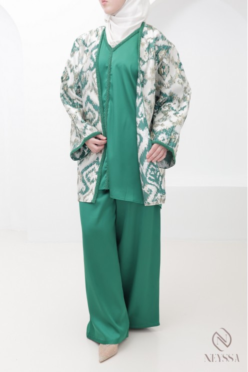Green brocade kimono set with palazzo pants for modern hijabi women