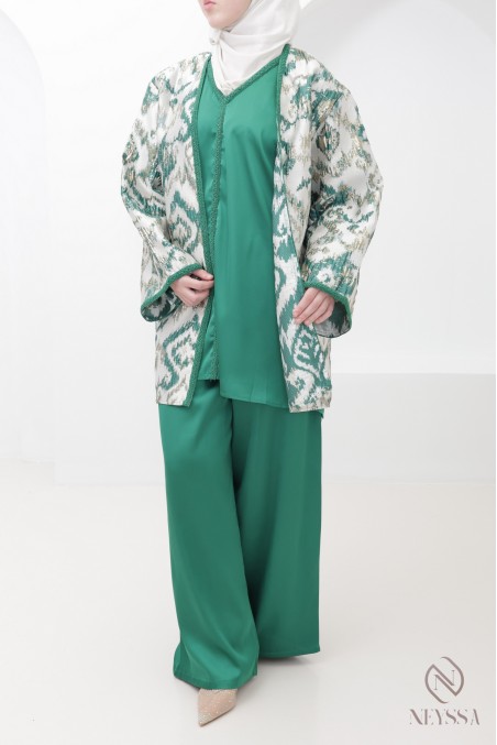 Grünes Brokat-Kimono-Set mit Palazzo-Hose für moderne Hijabi-Frauen