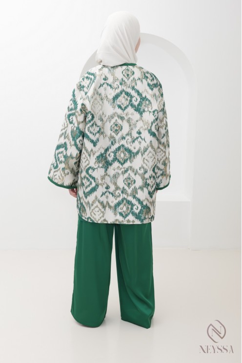 Grünes Brokat-Kimono-Set mit Palazzo-Hose für moderne Hijabi-Frauen