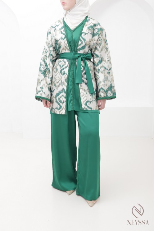 Ensemble kimono brocart vert avec palazzo femme hijabi moderne