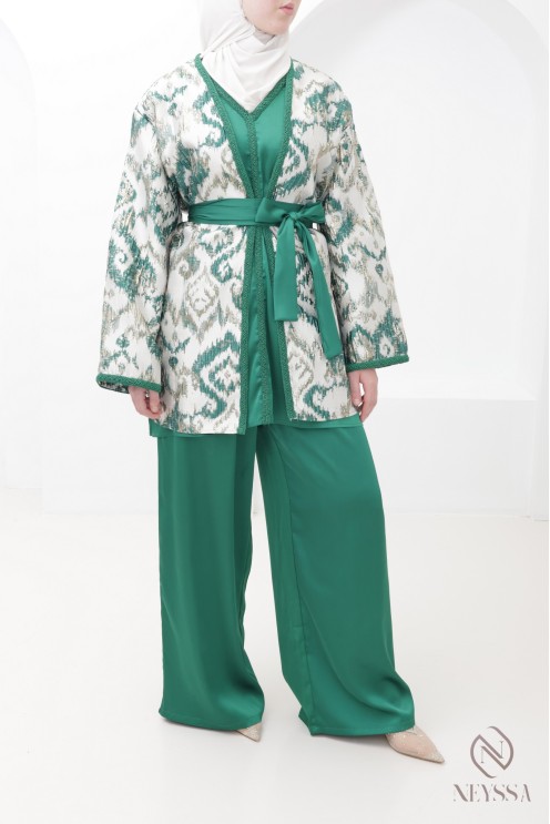 Grünes Brokat-Kimono-Set mit Palazzo-Hose für moderne Hijabi-Frauen