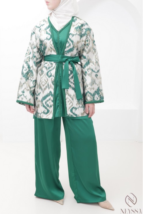 Grünes Brokat-Kimono-Set mit Palazzo-Hose für moderne Hijabi-Frauen