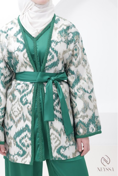 Ensemble kimono brocart vert avec palazzo femme hijabi moderne
