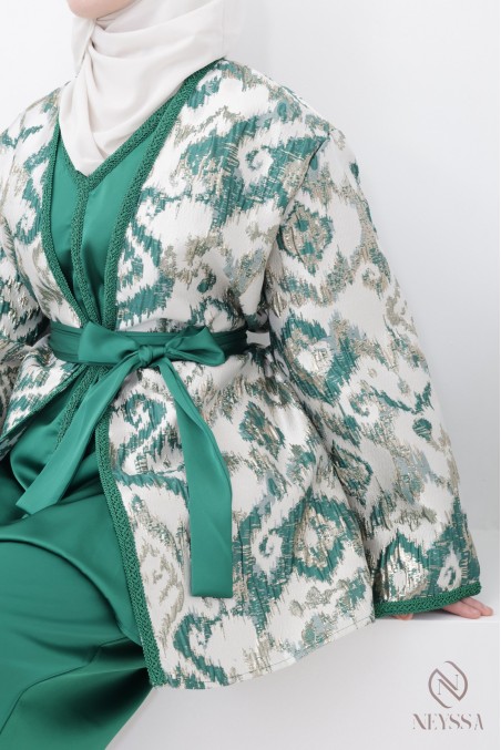 Ensemble kimono brocart vert avec palazzo femme hijabi moderne