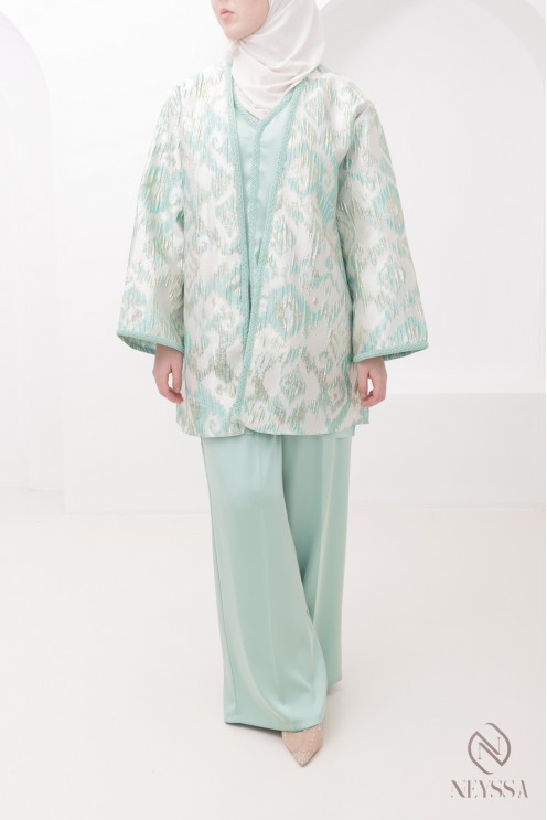 Ensemble 4 pièces vert d'eau kimono brocart luxe hijabi