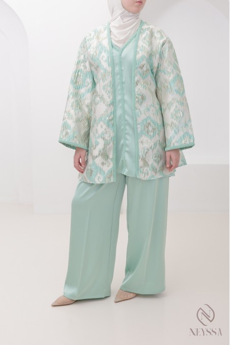 4-piece sea green luxury brocade kimono hijabi set