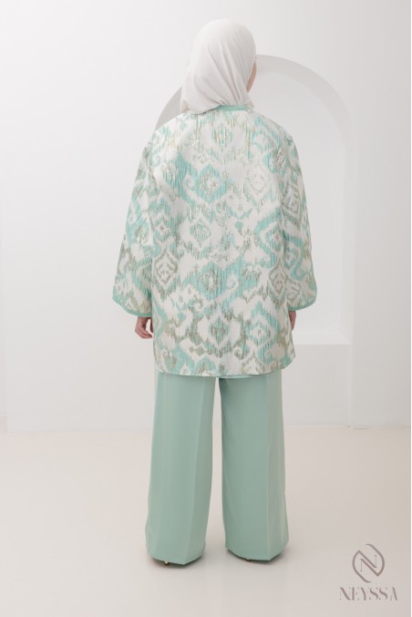 4-piece sea green luxury brocade kimono hijabi set