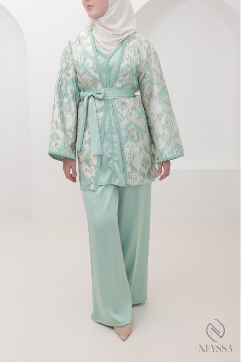 4-teiliges Set in Wassergrün, luxuriöser Brokat-Kimono für Hijabi