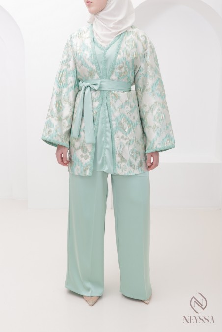 4-piece sea green luxury brocade kimono hijabi set