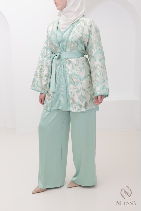 4-teiliges Set in Wassergrün, luxuriöser Brokat-Kimono für Hijabi