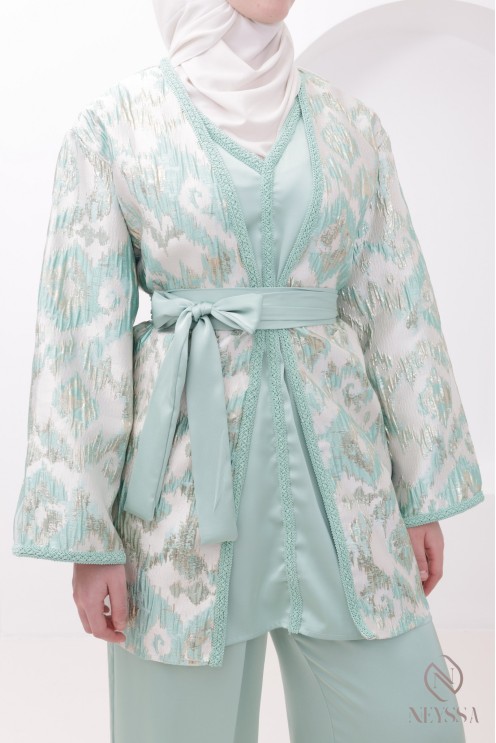 4-teiliges Set in Wassergrün, luxuriöser Brokat-Kimono für Hijabi