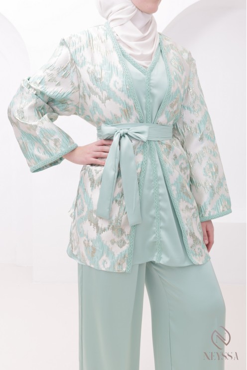 Ensemble 4 pièces vert d'eau kimono brocart luxe hijabi