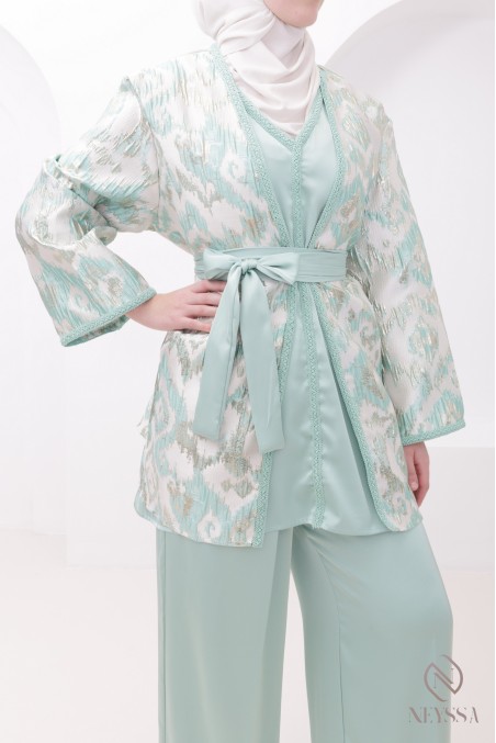 4-piece sea green luxury brocade kimono hijabi set