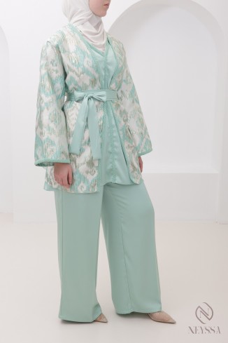 4-teiliges Set in Wassergrün, luxuriöser Brokat-Kimono für Hijabi 2