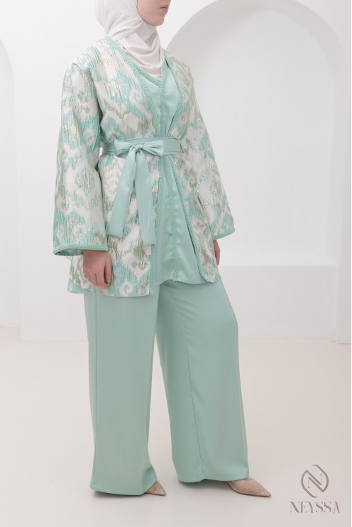 4-teiliges Set in Wassergrün, luxuriöser Brokat-Kimono für Hijabi